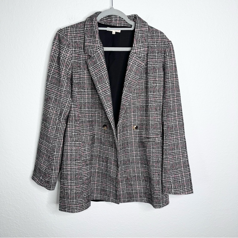 Plaid Double-Breasted Blazer Jacket - Black & White with Pink Accent